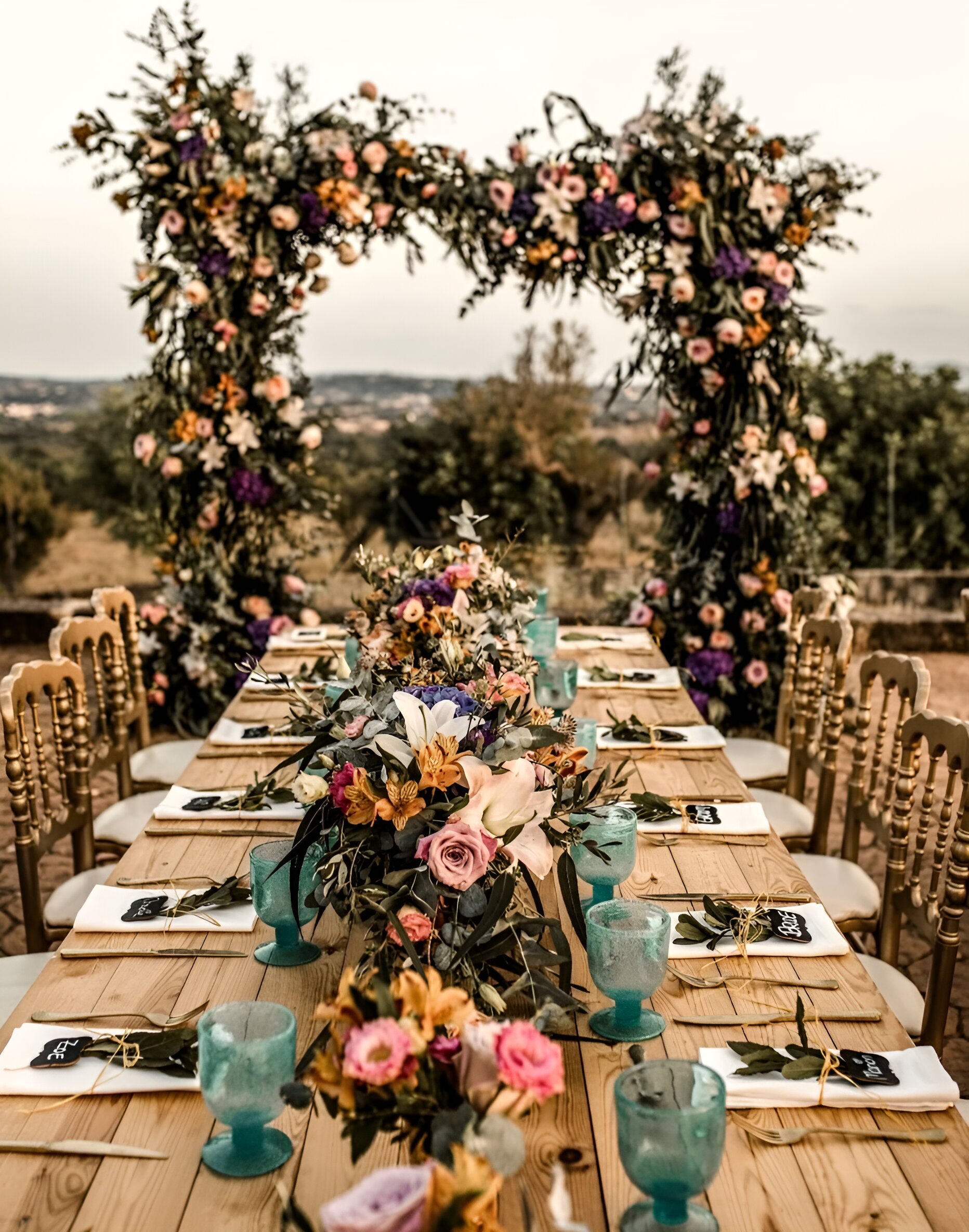 Opgedekte trouwtafel met hartvormige bloemenboog