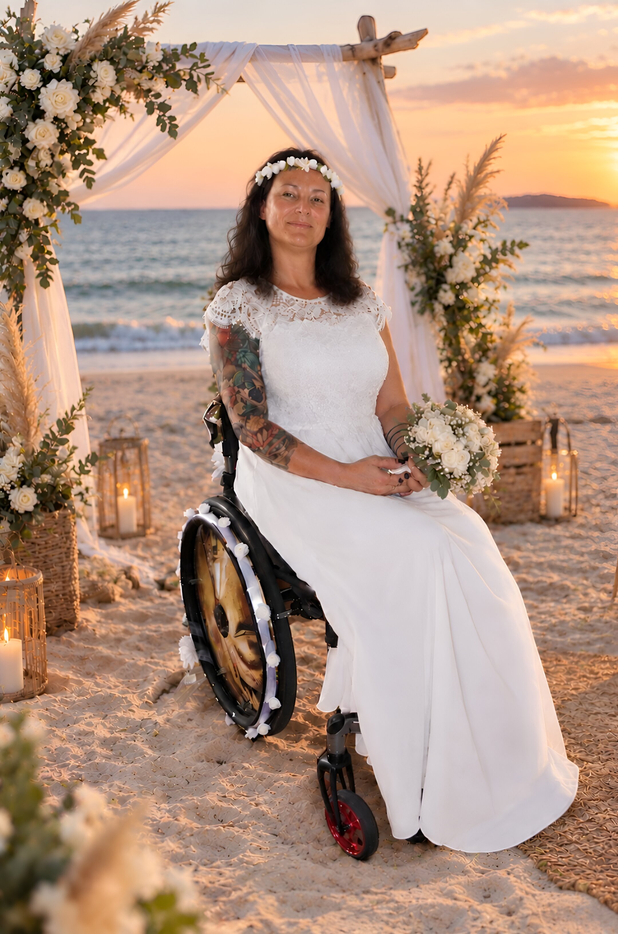 Bruid onder een prieel op het strand bij zonsondergang